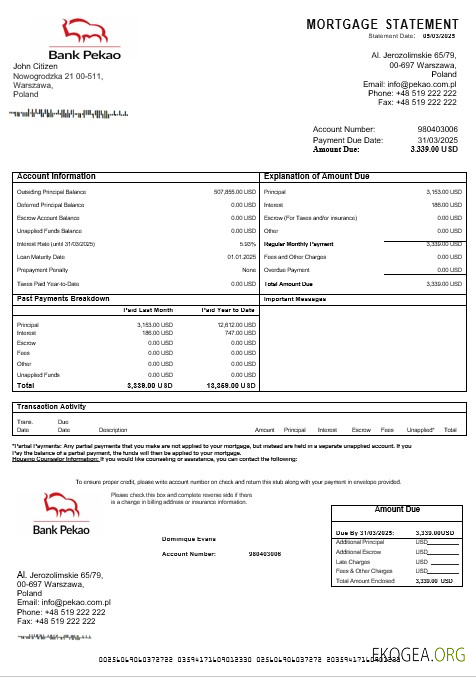 Relevé hypothécaire de Poland Bank Pekao S.A aux formats Word et PDF